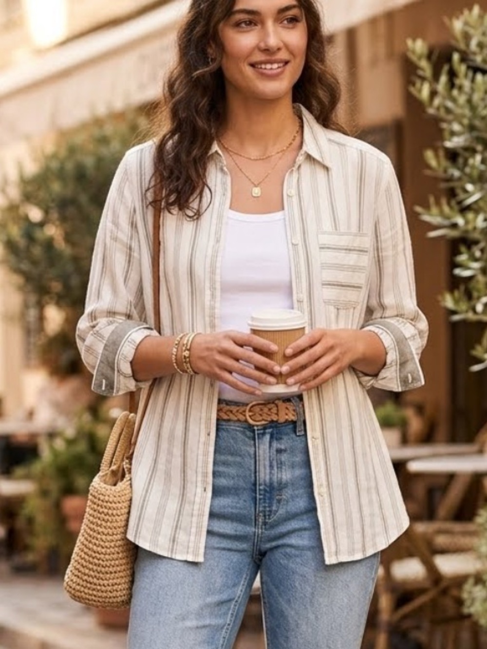 Liz Claiborne Linen/Cotton White Striped Button-Down Shirt Oversized Small - Picture 1 of 7